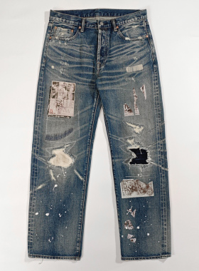 WIROTE威络LVC报纸牛王烫印补丁泼墨复古常规直筒赤耳牛仔长裤男