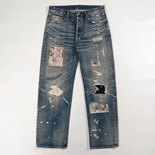 WIROTE威络LVC报纸牛王烫印补丁泼墨复古常规直筒赤耳牛仔长裤男