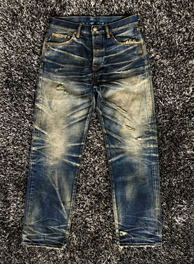 重磅立体猫须破坏黄泥水洗做旧宽松直筒赤耳牛仔长裤男WIROTE威络