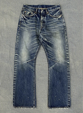 WIROTE威络02元年深蓝自然猫须水洗做旧微喇赤耳牛仔裤紫制品PRPS