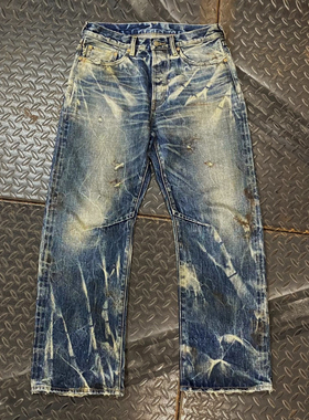 WIROTE威络新款油污做旧宽松直筒紫制品赤耳牛仔长裤内华达水洗01
