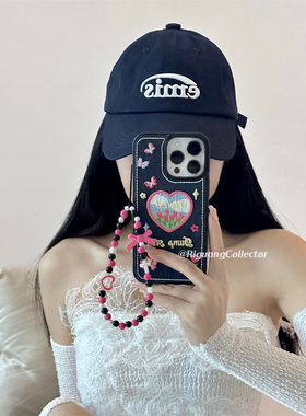 MIMI · ins复古少女爱心刺绣链条适用苹果17ProMax手机壳iPhone16/12/13/15Pro硅胶布艺14牛仔可爱防摔软套