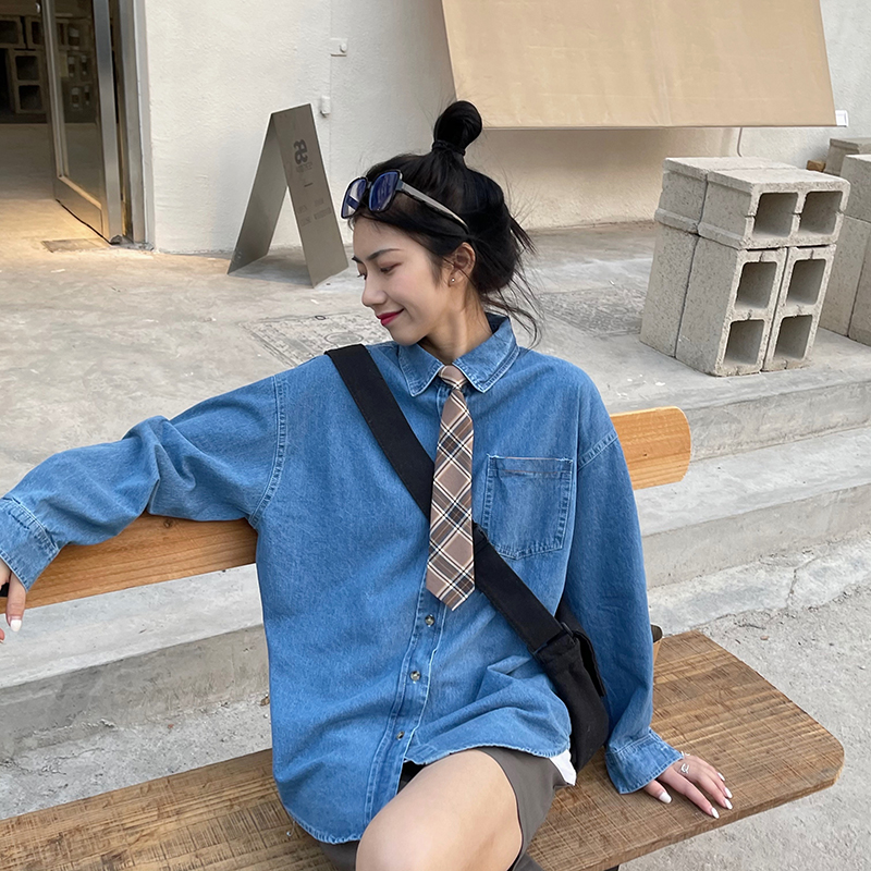 Real price ~ spring fashion trend with college style denim shirt and loose Long Sleeve Shirt