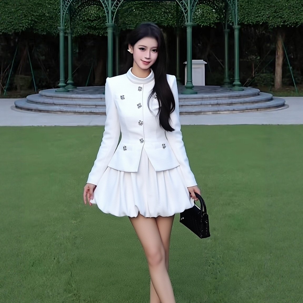 s秋冬新品小高领水钻扣假两件P长袖连衣裙女修身显瘦花苞裙蓬蓬裙