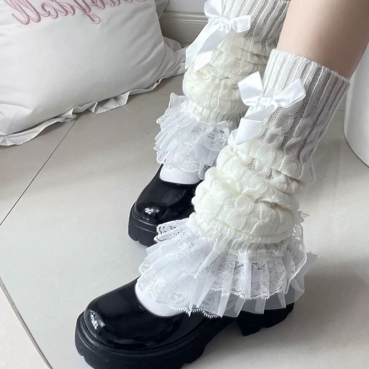 可爱白色针织堆堆袜套蕾丝洛丽塔小腿花边日系jk蝴蝶结袜子中筒套