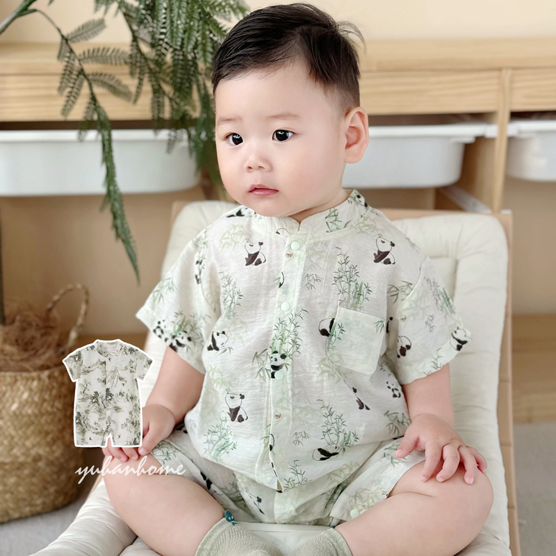 男宝连体衣夏季薄款国风冰丝休闲透气爬服哈衣小月龄外出服夏装