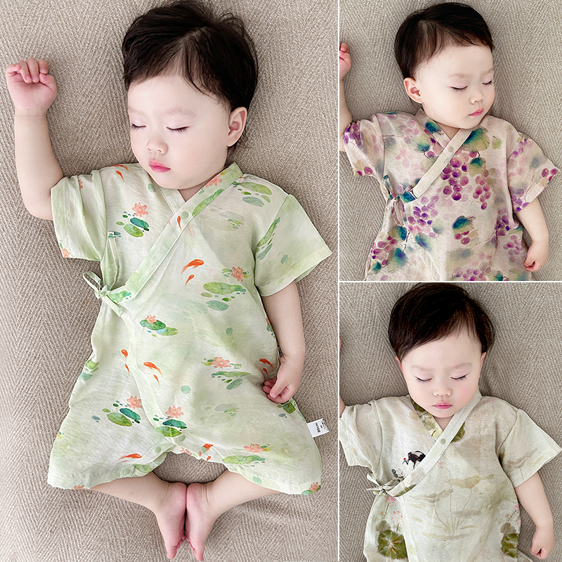 婴儿连体衣夏季新中式冰丝透气宝宝护肚哈衣新生儿短袖短裤夏装