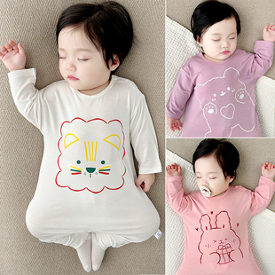 婴儿连体衣春秋长袖薄款莱赛尔哈衣宝宝卡通睡衣新生婴儿儿衣服