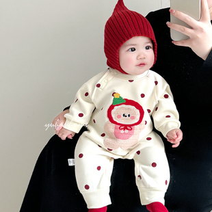 宝宝连体衣春秋薄绒可爱波点婴幼儿外穿卫衣爬服哈衣婴儿衣服早春