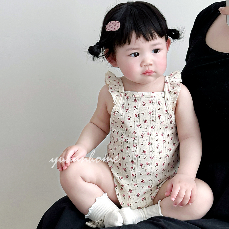 女宝宝夏天包屁衣服碎花小飞袖纯棉无骨a类婴儿吊带三角哈衣夏装