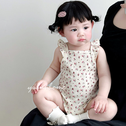 女宝宝夏天包屁衣服碎花小飞袖纯棉无骨a类婴儿吊带三角哈衣夏装