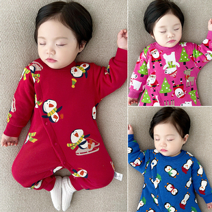 婴儿连体衣秋冬夹薄棉纯棉a类斜襟护肚红色圣诞宝宝睡衣爬服哈衣