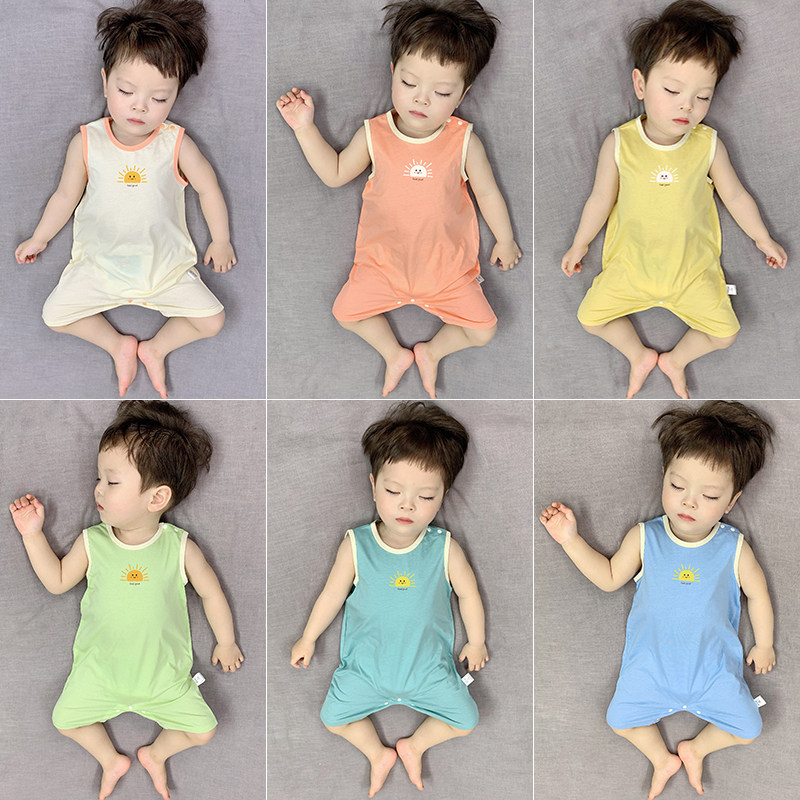 婴儿夏装薄款无袖短裤外出爬服哈衣冰丝棉韩版睡衣服新生儿连体衣