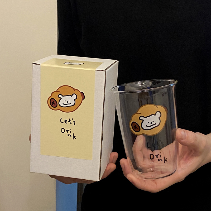 自制卡通面包小狗玻璃翻口水杯高硼硅耐高温啤酒果汁杯饮料杯礼物