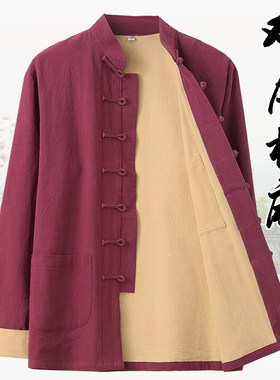 中国风唐装男中老年中式服装棉麻双层外套老年人衣服爷爷秋季古风