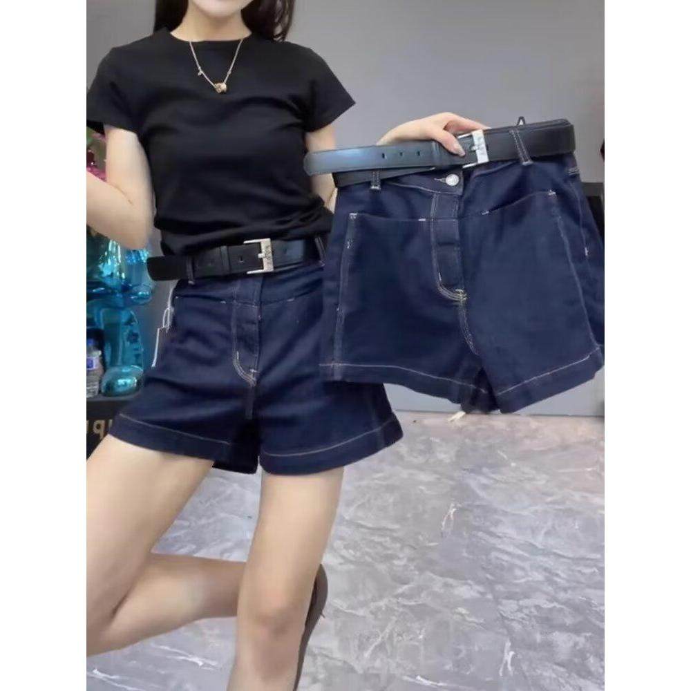 深蓝色阔腿牛仔短裤女2025年夏季薄款梨形大码高腰宽松显瘦五分裤