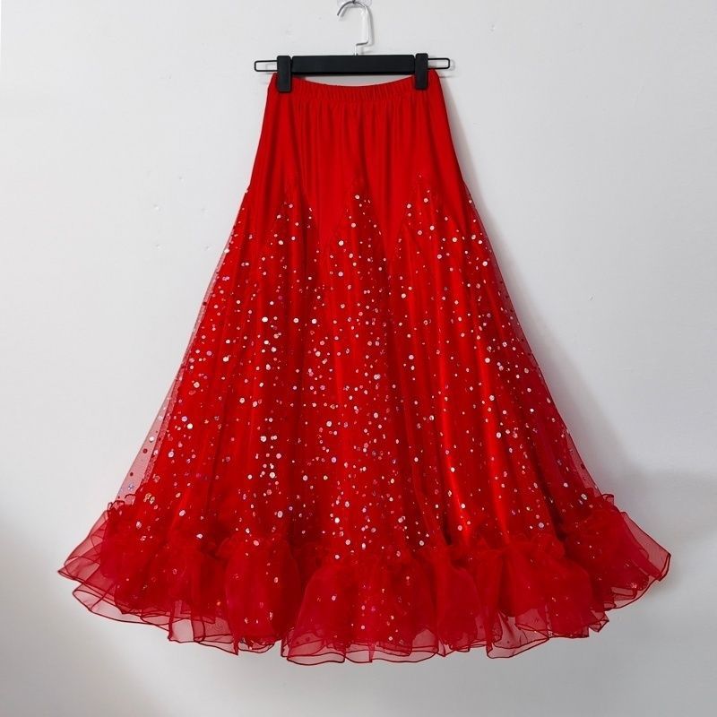 四季款摩广场舞登舞裙新款舞服裙亮片华尔兹舞裙交谊舞比赛半身裙