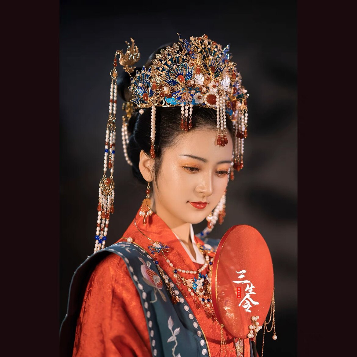 [임대] SANSHENG LING [CHANGLE] 중공업 명나라 HANFU 결혼식 칠보 번트 파란 머리 왕관 머리 장식 봉황 왕관
