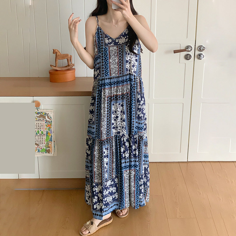 棉绸吊带睡裙女夏季法式高级感海边度假沙滩长裙网红大码家居服