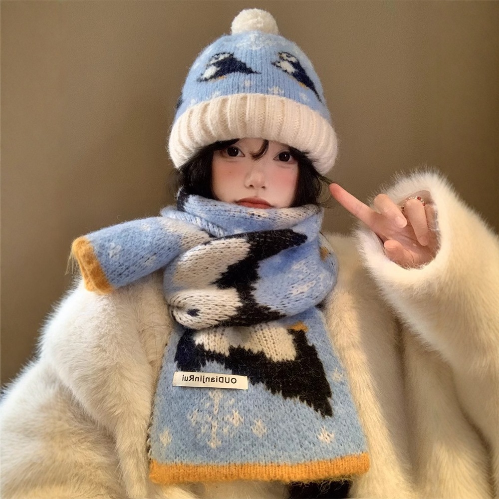 可爱小企鹅羊绒针织帽女冬季百搭毛线帽加厚保暖蓝色围脖帽子围巾