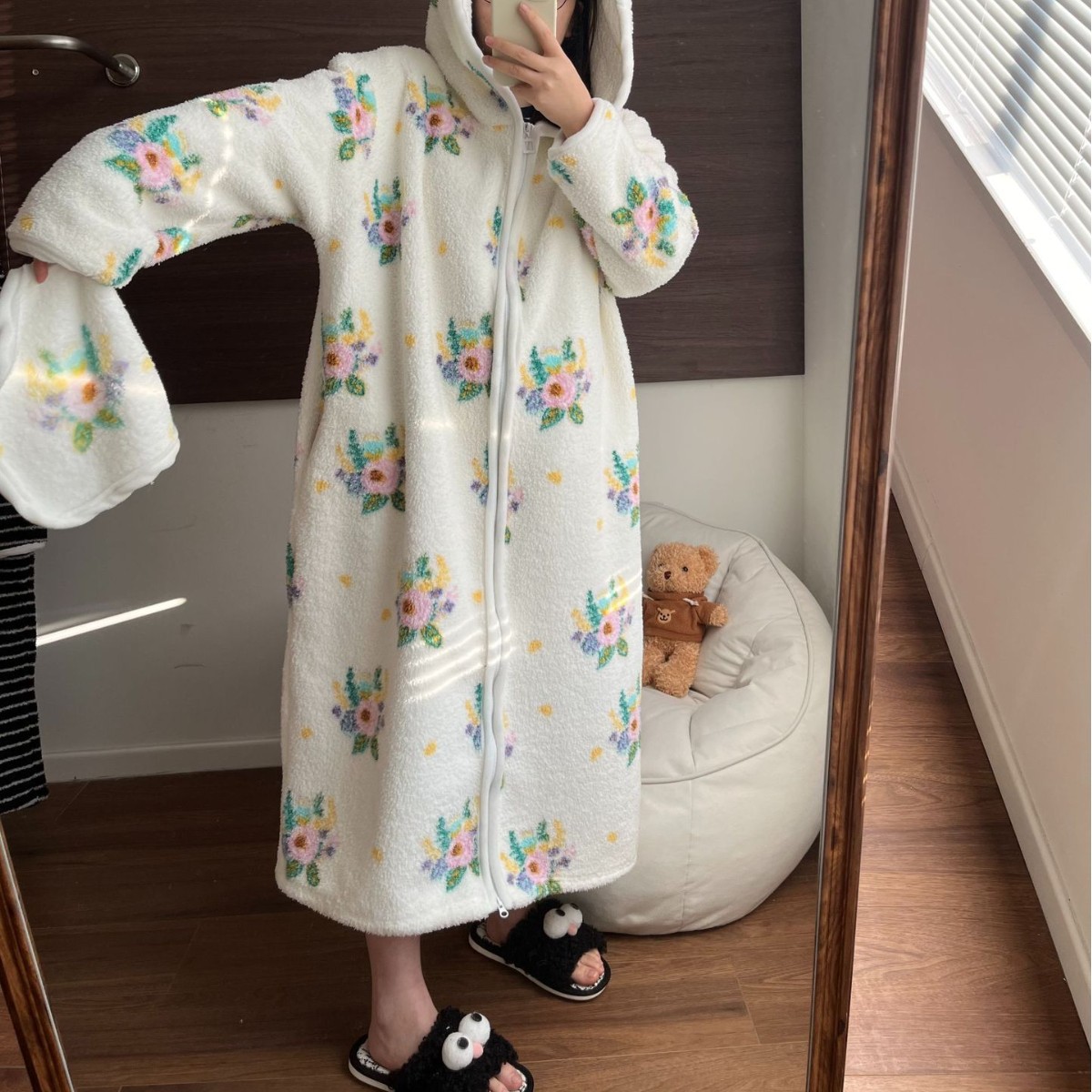【实拍】鸿楠行走的被窝小熊毛绒拉链睡衣加厚保暖家居服睡袍连帽