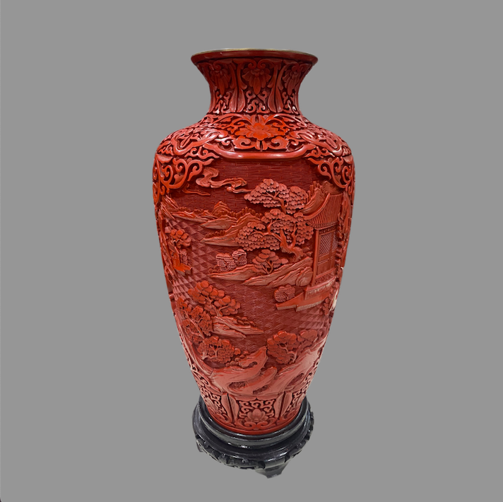雕漆剔红漆器纯手工天然大漆雕刻铜胎祥云山水花瓶15寸收藏品