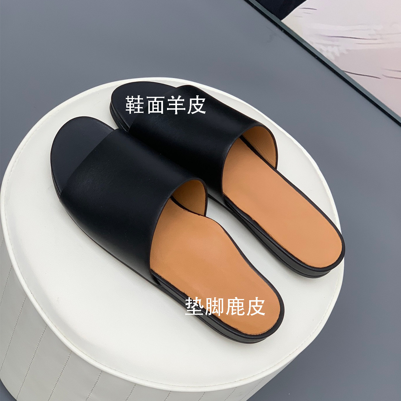包文婧同款外贸工厂女鞋羊皮舒适一字拖简约平底真皮外穿休闲夏季