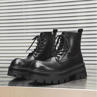 7cm秋冬季真皮马丁靴男厚底工装鞋增高黑色哑光高帮大头德比靴子