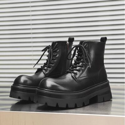 7cm秋冬季真皮马丁靴男厚底工装鞋增高黑色哑光高帮大头德比靴子