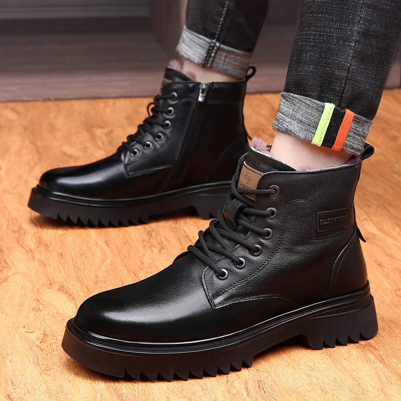 真皮头层牛皮马丁靴男皮靴冬季羊毛一体靴子男厚底防滑保暖雪地靴