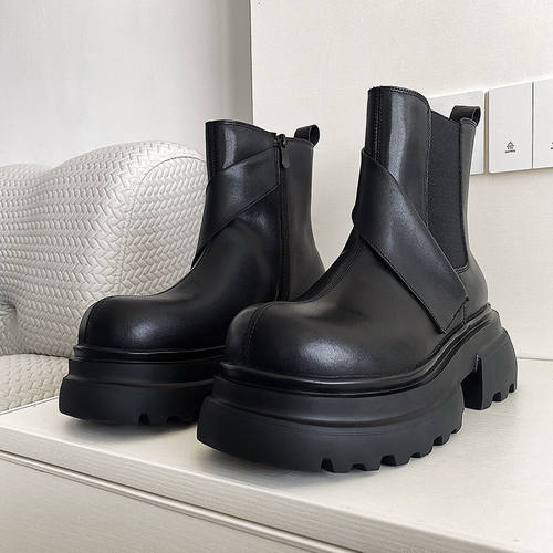 切尔西靴男靴加绒潮鞋一脚蹬秋冬季拉链厚底增高圆头英伦时尚靴子