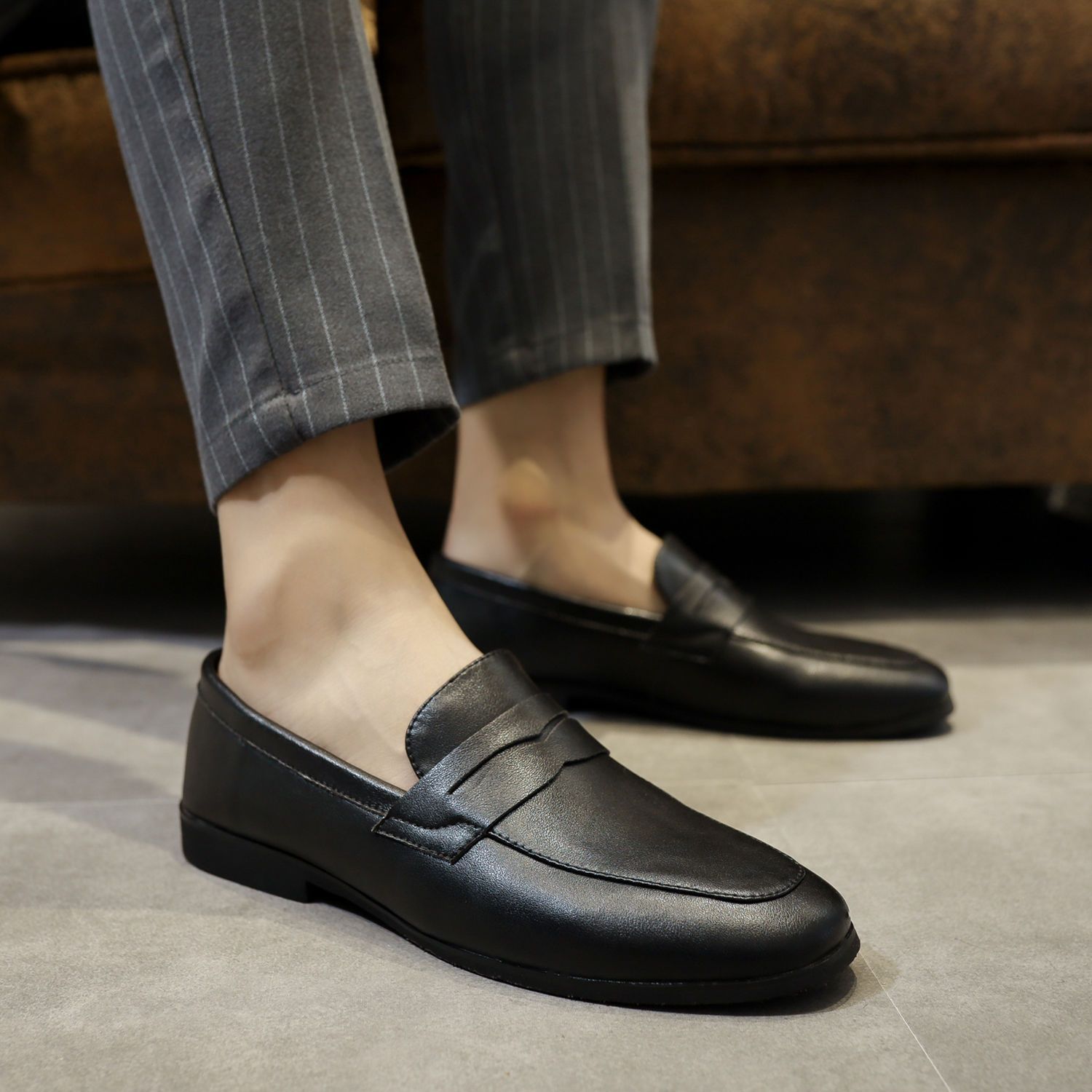 夏季男士真皮软底软面商务休闲皮鞋新款一脚蹬透气豆豆鞋时尚男鞋