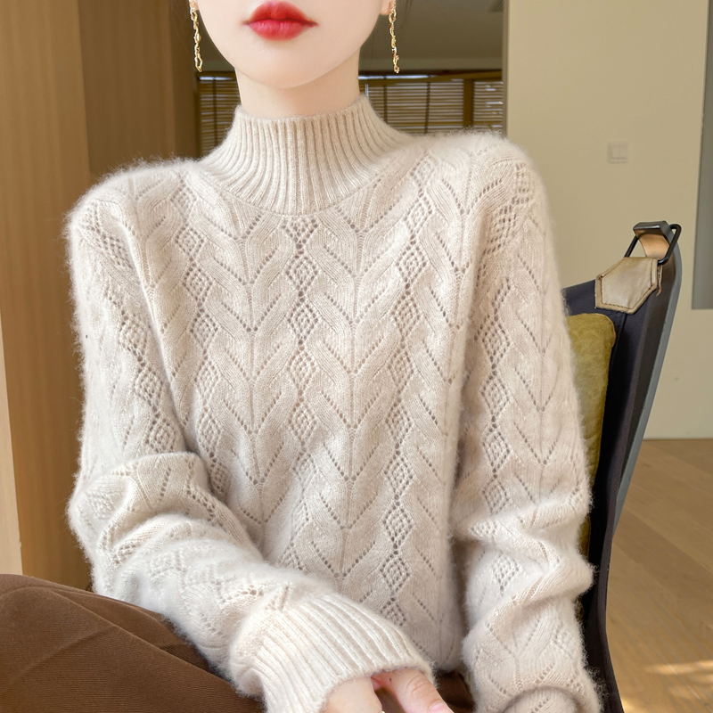 京绒羊2025秋冬半高领100%纯羊毛衫女士宽松显瘦毛衣气质镂空上衣