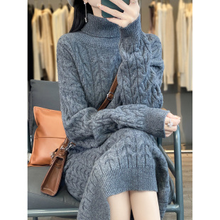 京绒羊2025秋冬高领100%纯羊毛衫 女士宽松显瘦毛衣长裙上衣连衣裙