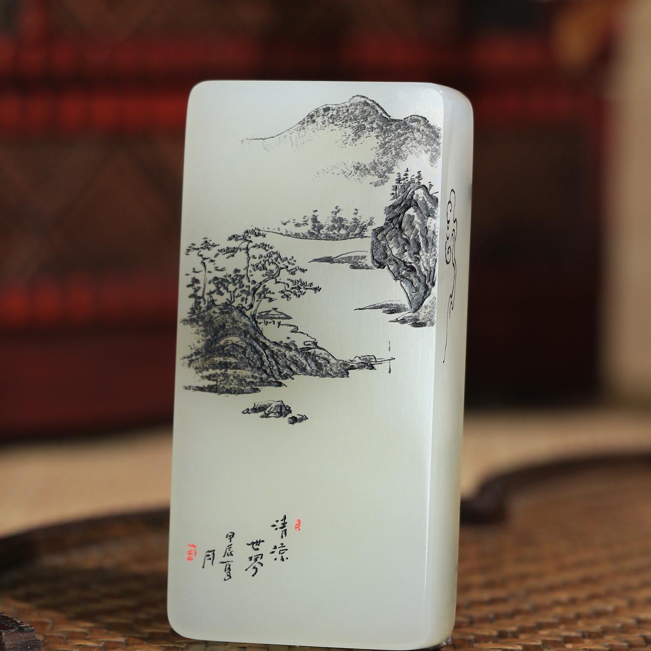 山水人物牌子挂件翡翠包银修补裂痕断裂纹镶金包金玉器描金银维修