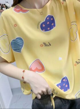 棉绸上衣女棉绸面料夏季宽松胖MM短袖上衣显瘦打底大码女装印花
