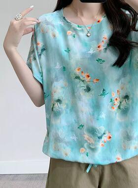棉绸上衣女棉绸面料夏季宽松胖MM短袖上衣显瘦打底大码女装印花
