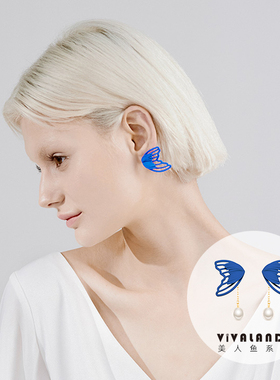 VIVALANDS美人鱼姬尾珍珠耳环2022年新款潮女INS镂空蓝白红耳饰夹