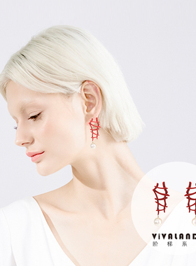VIVALANDS阶梯耳环2022新款潮个性气质小众设计感银夸张珍珠红色