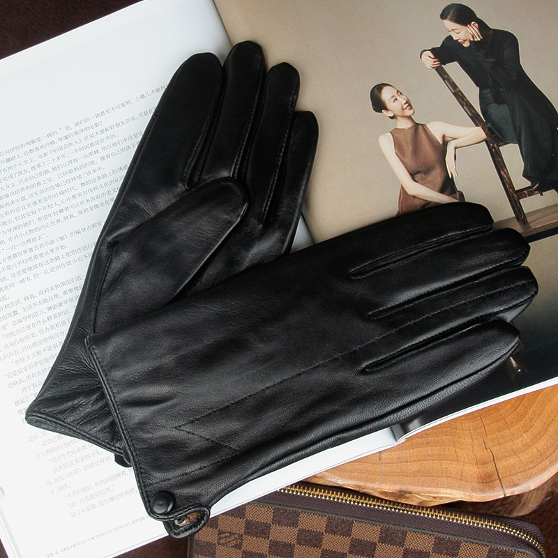 (特价）羊皮手套秋冬季男士加绒手套-02 黑色分指触摸屏手套