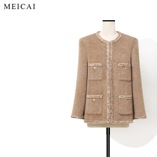 美裁 苏力羊驼毛手工织带极简毛呢外套大衣女秋冬 小皮草