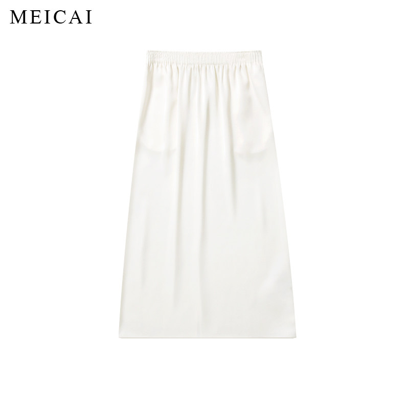 美裁 日本重磅双面缎鎏光凉感三醋酸折扇松紧腰极简开衩光泽半裙