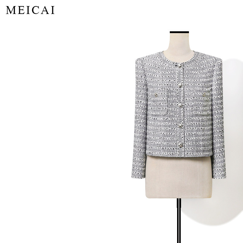 美裁&ldquo;北海道&rdquo;蕾丝纱线圆领直身短款收腰奢华法式条纹小香外套