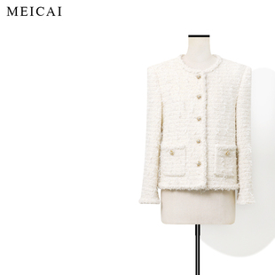 美裁“高奢白金”羊毛蝴蝶纱粗花呢手工编织珠带小香外套