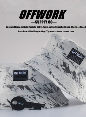 欧美街头潮牌OFFWORK白色扎染大理纹嘻哈全棉平顶男女盆帽渔夫帽