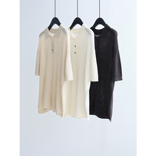 珠地织法天丝亚麻Polo领针织衫宽松短袖时髦老钱风春夏中长款上衣