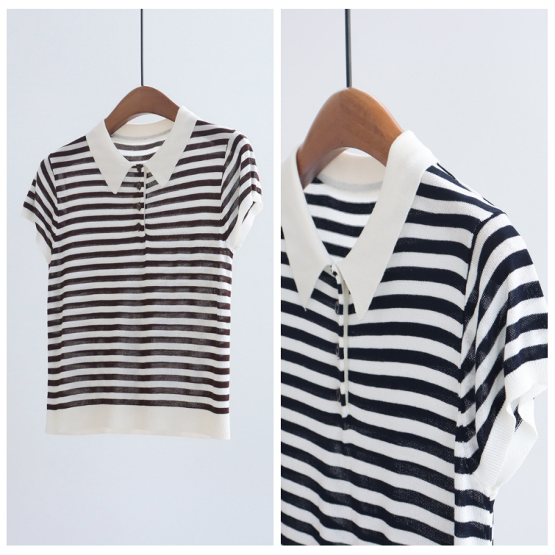 夏季条纹针织衫莱赛尔天丝Polo领