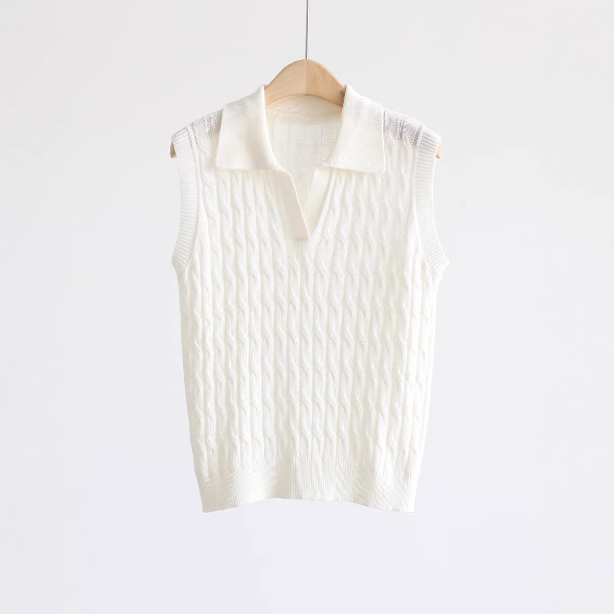 春夏气质老钱风天爽亚麻V领麻花针织马甲外穿Polo领背心上衣内搭