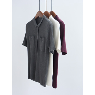 莱赛尔天丝套头夏季 针织衫 女上衣通勤 显瘦短袖 气质翻领双口袋修身