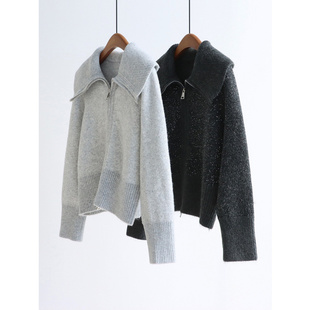 重工亮片大翻领拉链针织衫外套高腰秋冬厚实挺括毛衣开衫短款上衣